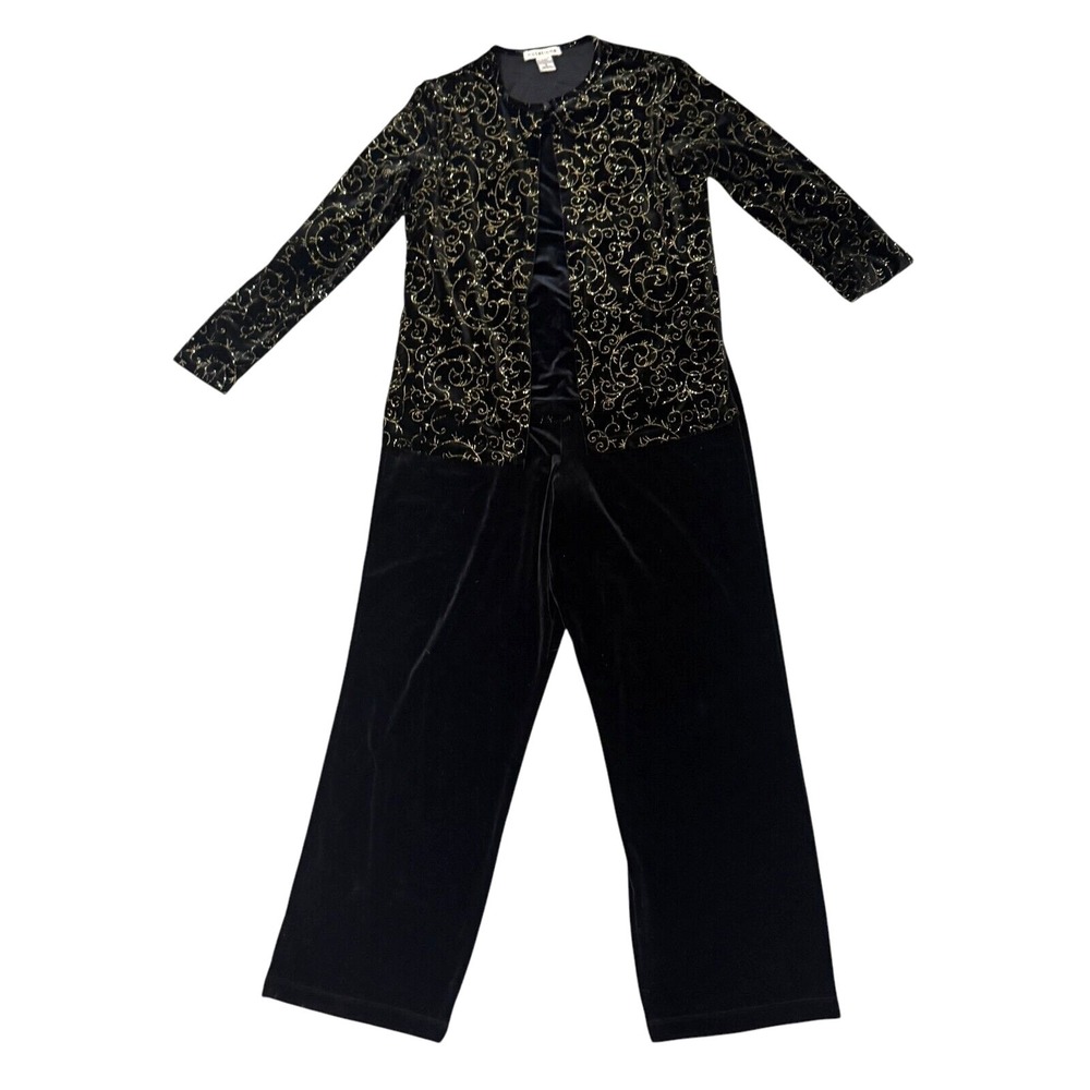 Notations Black Gold Top (M) and Pants (L)‎ Set Velour Stretch New Years Wedding